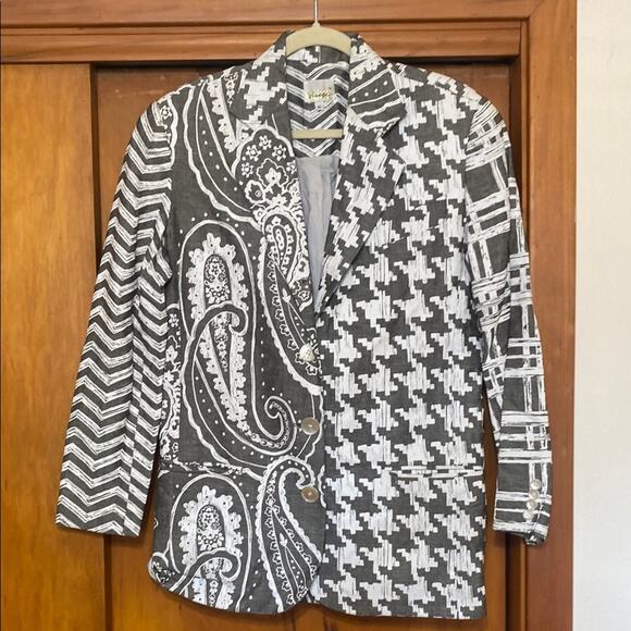 NWOT Randolph Duke Gray White Coated Linen Houndstooth Paisley Patterned Blazer - Picture 2 of 11